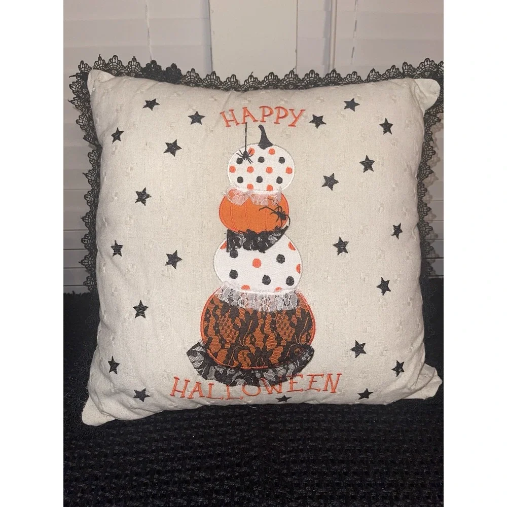 Halloween Throw Pillow 18 X 18 Pumpkins Lace Trim